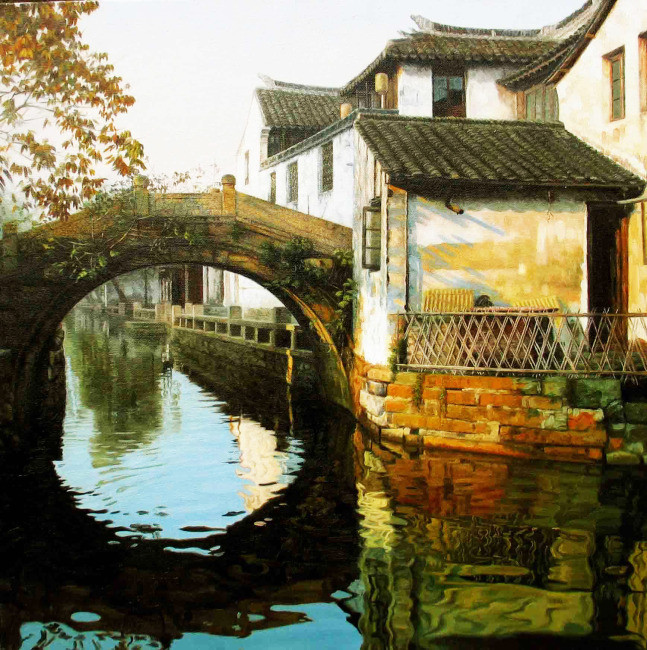 小桥流水人家风景油画图片设计素材_高清模板下载(1.