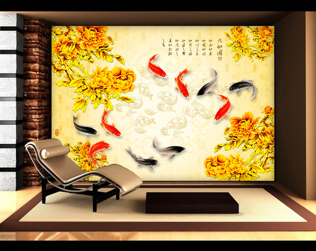 金色牡丹花开富贵九鱼图电视背景墙图片设计素材_高清