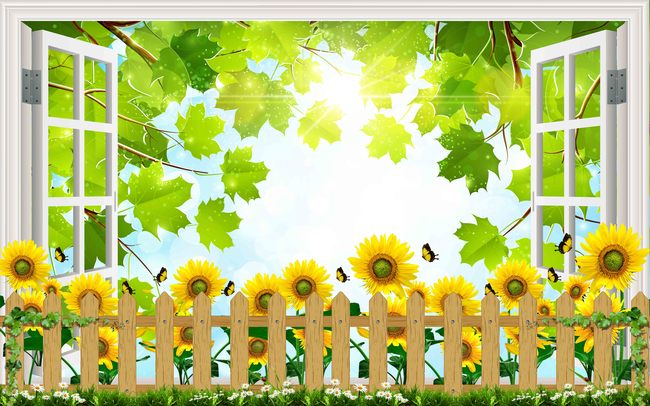 3D窗外风景向日葵花朵背景墙
