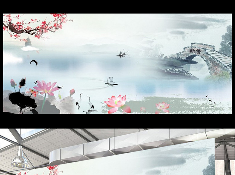 西湖断桥雷峰塔水墨中国风荷花金鱼LED舞台屏