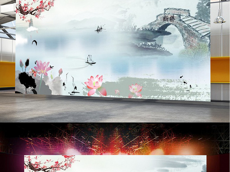 西湖断桥雷峰塔水墨中国风荷花金鱼LED舞台屏