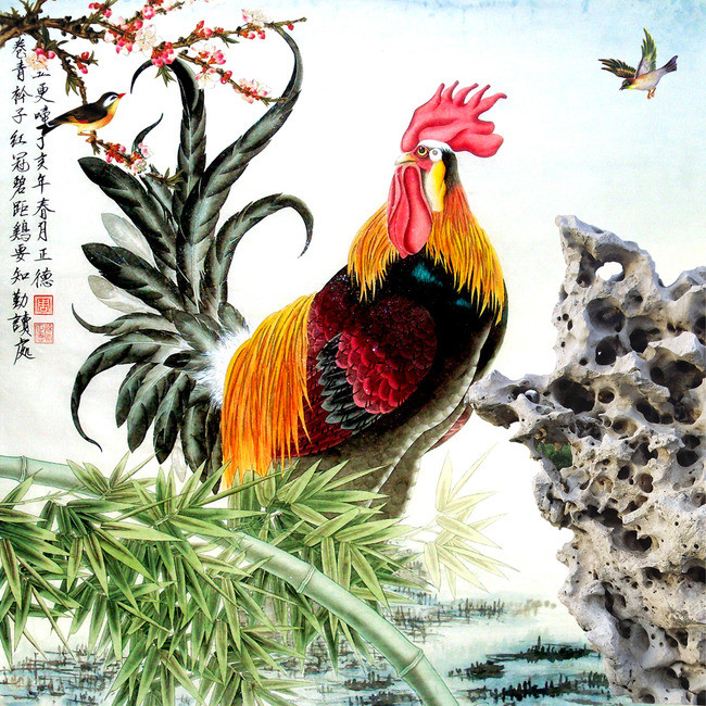 国画工笔画大公鸡独立花鸟图石头背景墙效果图