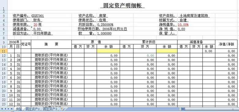 固定资产明细帐模板