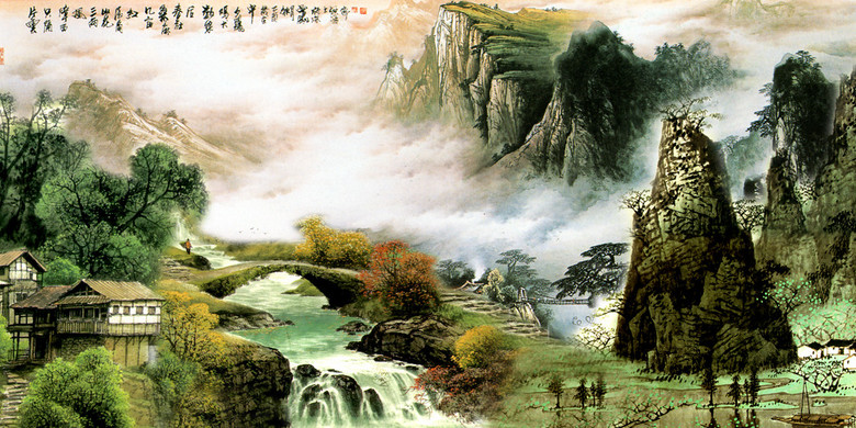 国画风景画山水画水墨画江山多娇背景墙