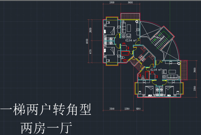 一梯两户转角户型两房一厅户型图cad图纸平面设计图(0