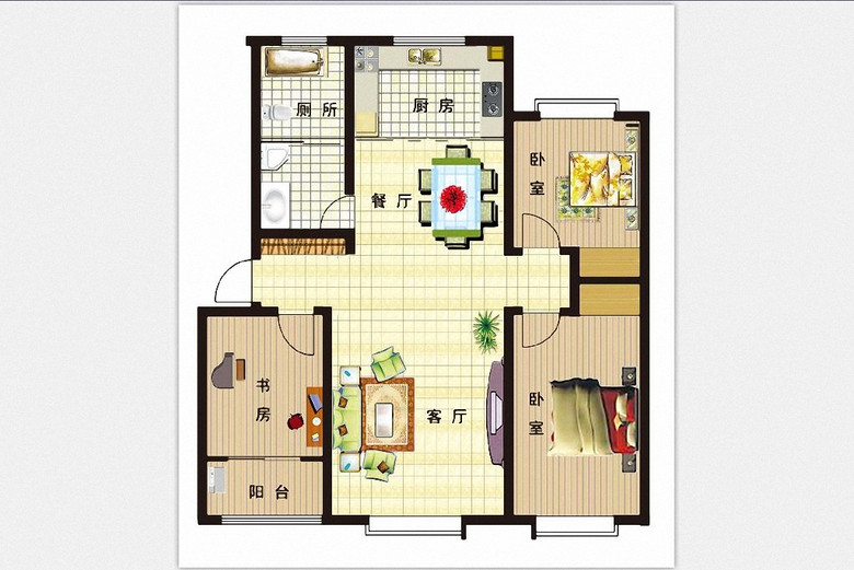 室内设计 户型图 三居室 > 三室两厅高清户型图主卧书房  版权图片