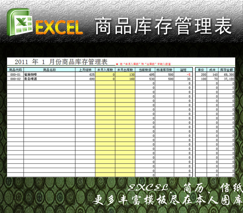 商品库存管理表excel模板模板下载(图片编号:1