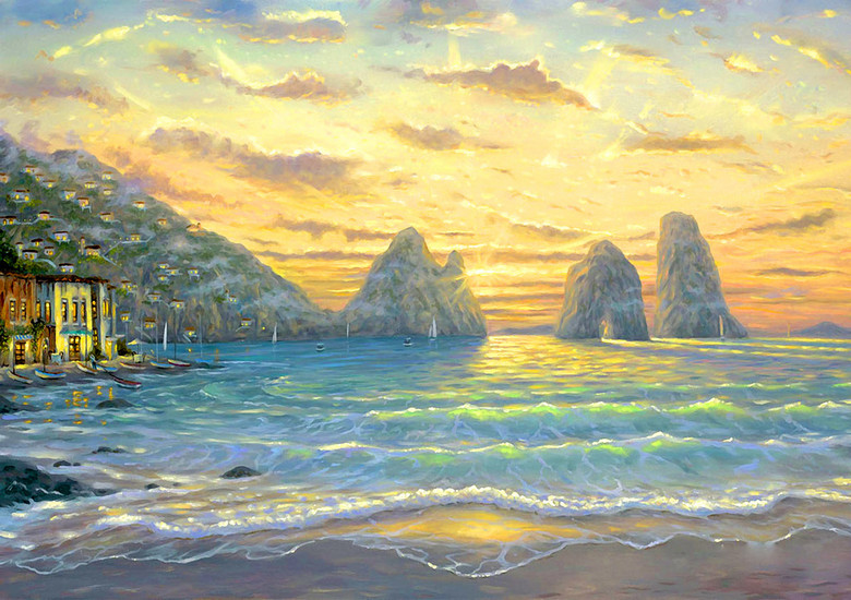 海边山村古典主义风景油画