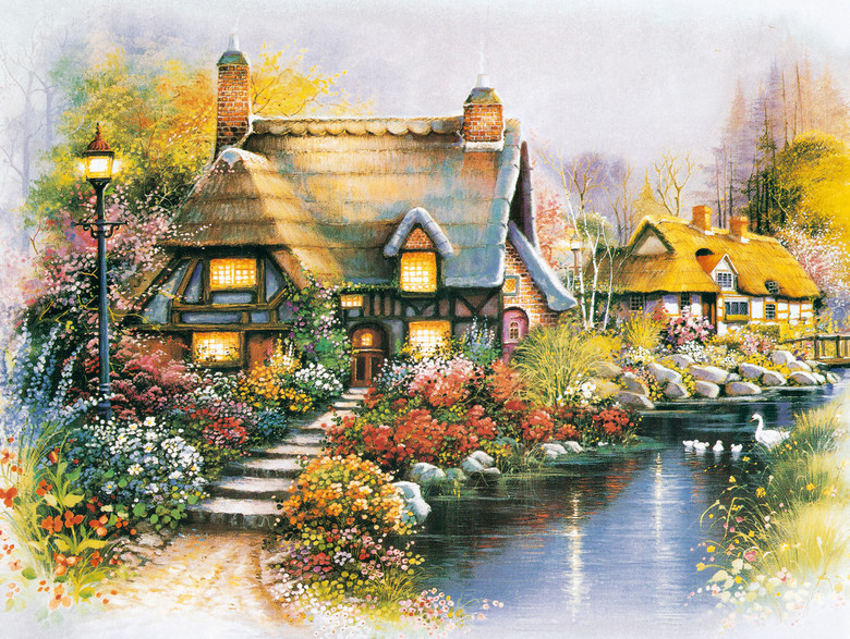 岸边小屋唯美风格写实油画