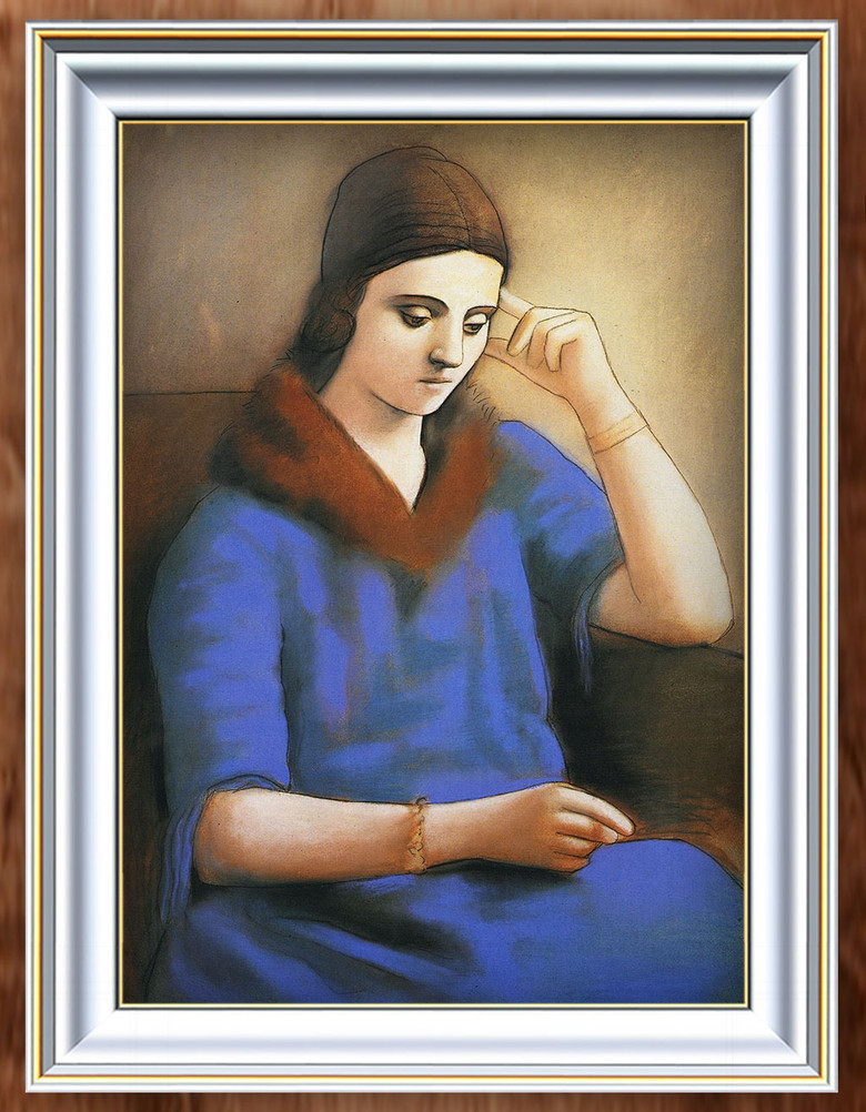 思索的蓝衣少女人物油画