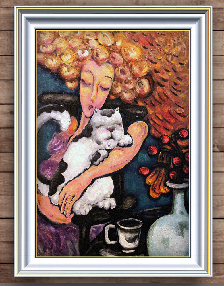 原创女子和猫咪装饰风格油画-版权可商用