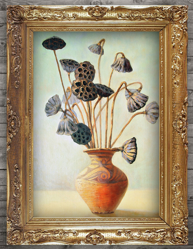 古陶器里的莲蓬现代风格油画