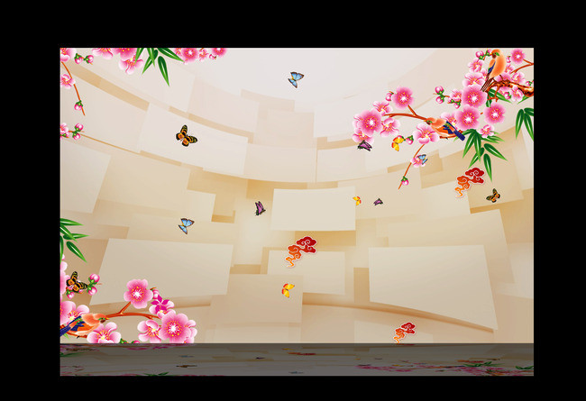 3D花鸟立体移动空间电视背景墙装饰画效果图