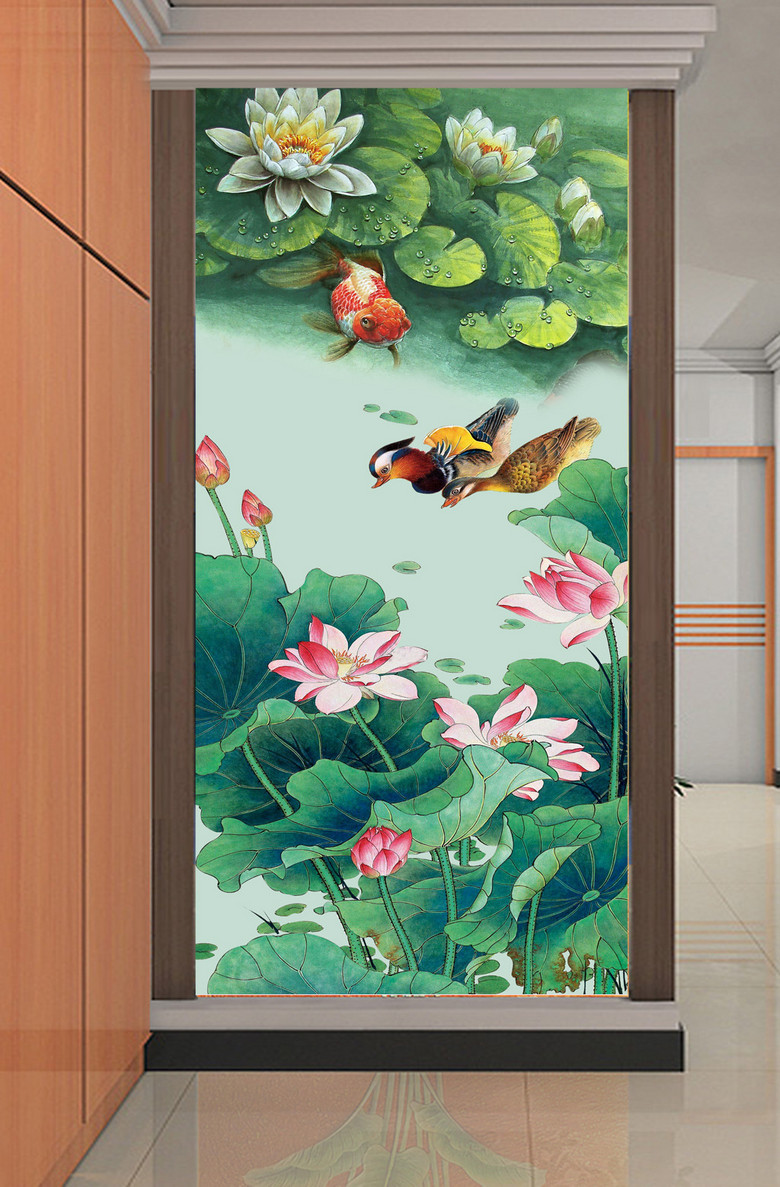 国画荷花工笔画鸳鸯戏水金鱼浮萍玄关效果图(