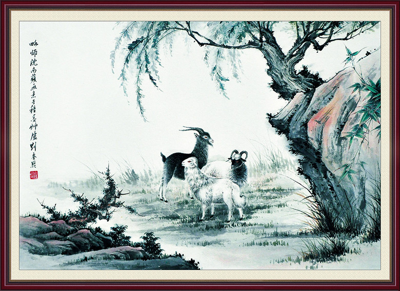 背景墙 山水风景画 水墨画 > 三羊开泰山水水墨画 版权图片 设计师