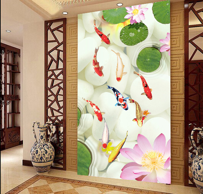 九鱼图荷花白色石头玄关过道背景墙装饰画