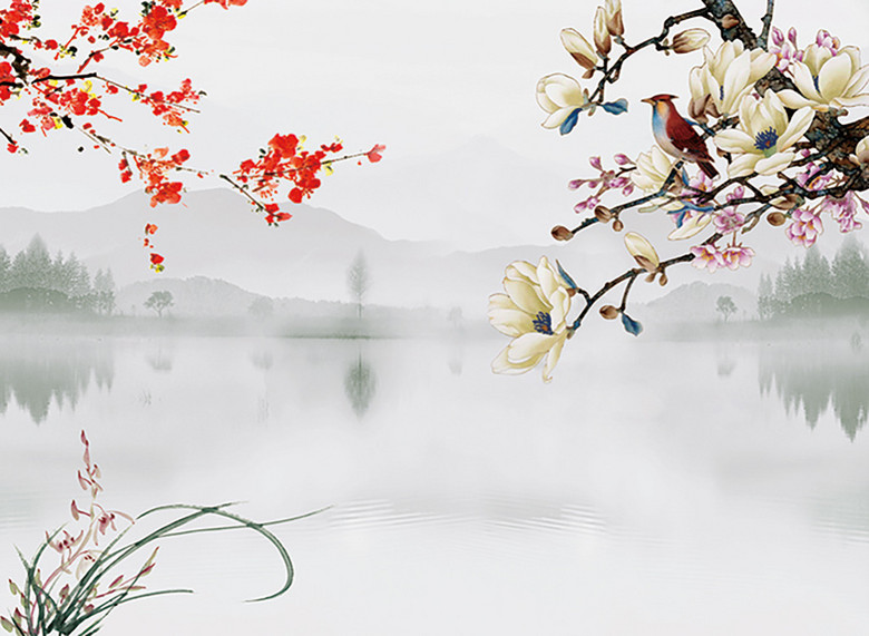 背景墙 山水风景画 水墨画 > 水墨山水花鸟图电视背景墙  版权图片