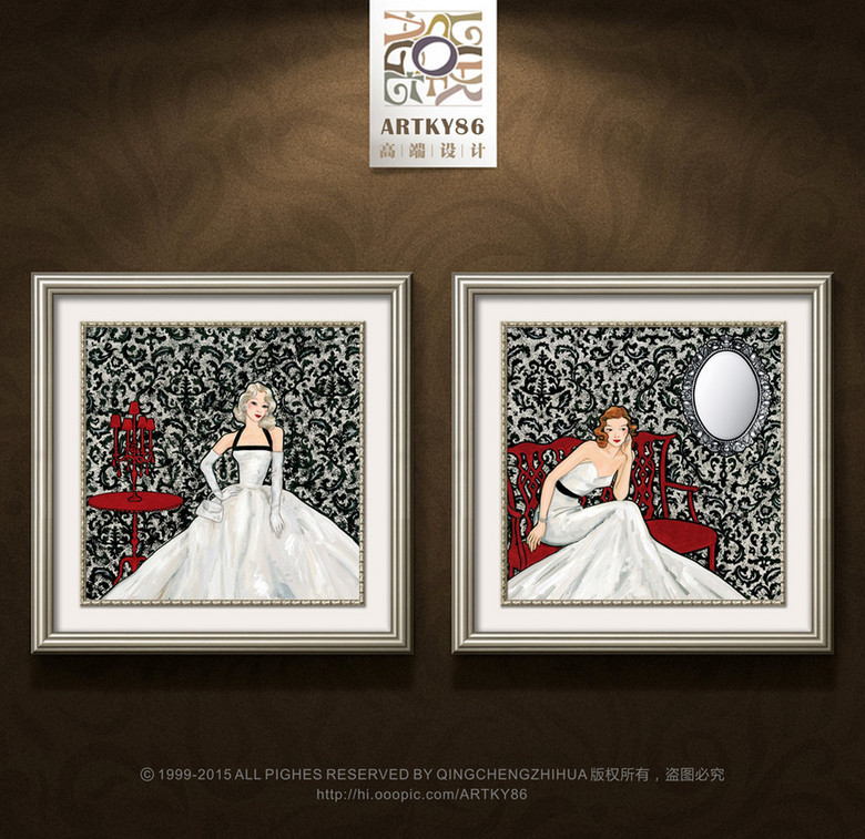 复古花纹时尚美女镜子长裙晚礼服婚纱装饰画高