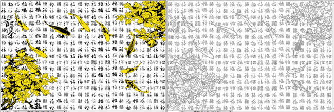 富贵有余牡丹九鱼福字背景墙壁画雕刻路径