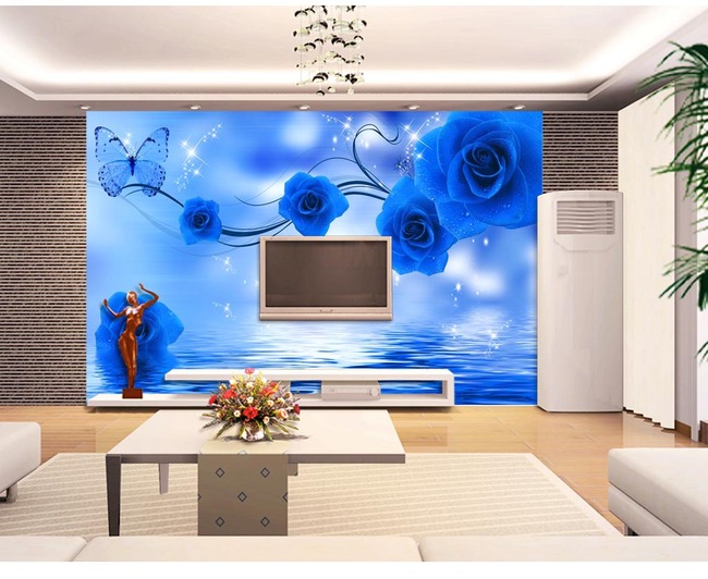 蓝色妖姬玫瑰倒影壁画电视背景墙