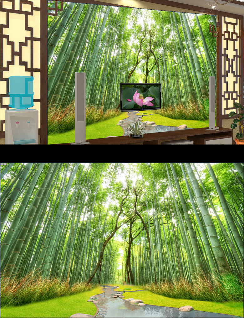 原创裸眼3d竹林小溪电视背景墙版权可商用