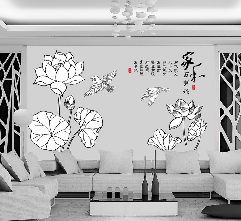 手绘荷花黑白装饰画图片大全_手绘荷花黑白装