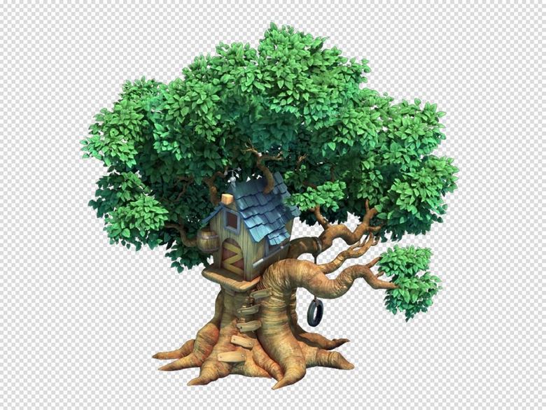 Q版三维可爱卡通深林大树小屋植物榕树模板下