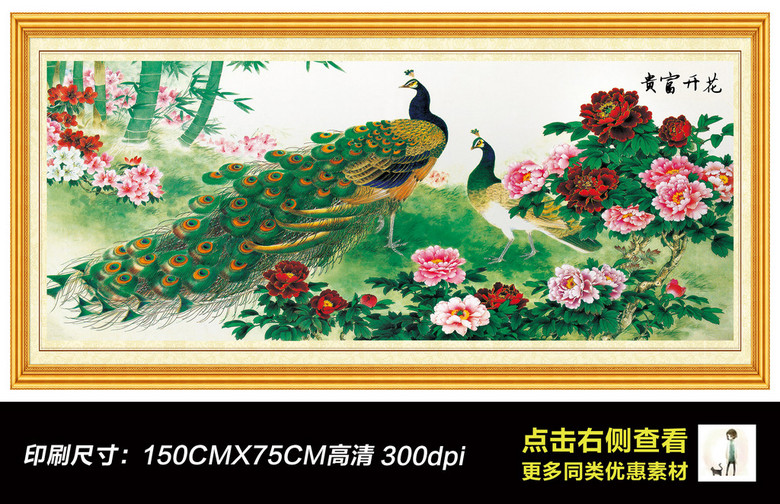 花鸟花开富贵吉祥孔雀牡丹图装饰画框