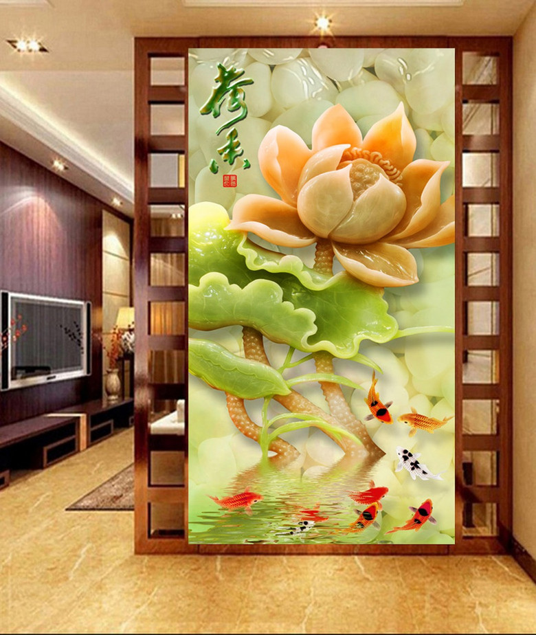 高清荷花玉雕玄关九鱼图装饰画