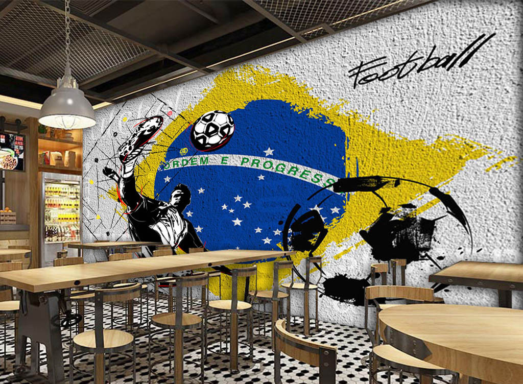 工业风水泥墙足球世界杯酒吧咖啡店背景墙