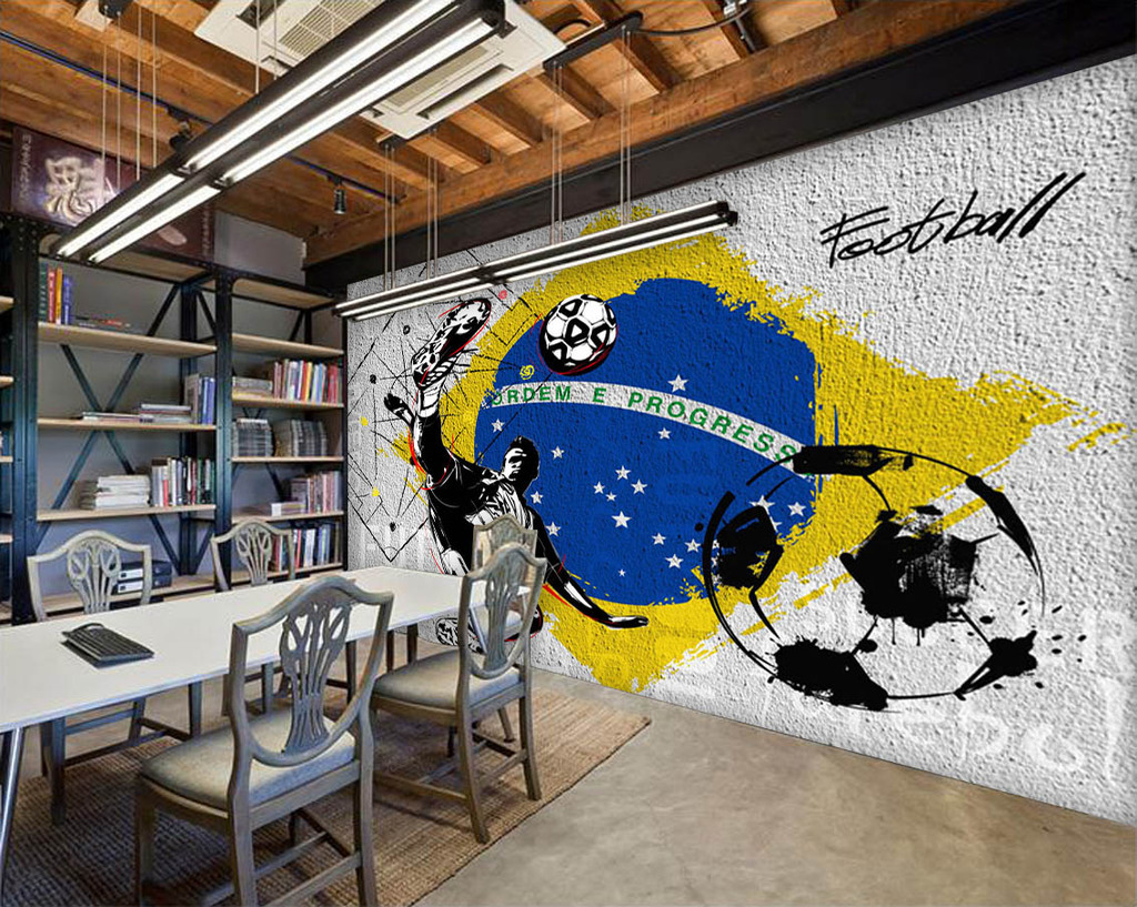 工业风水泥墙足球世界杯酒吧咖啡店背景墙