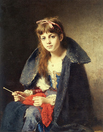 披着外套织毛衣的清秀俄罗斯女孩肖像画高清图