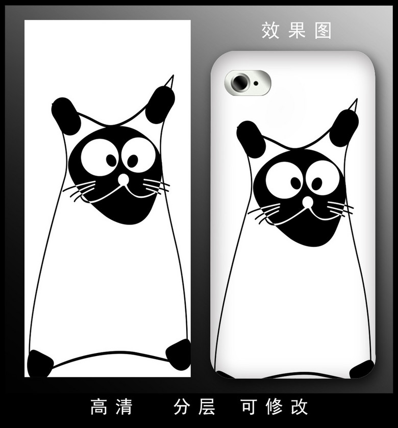 简约黑白线条卡通猫手机壳图案