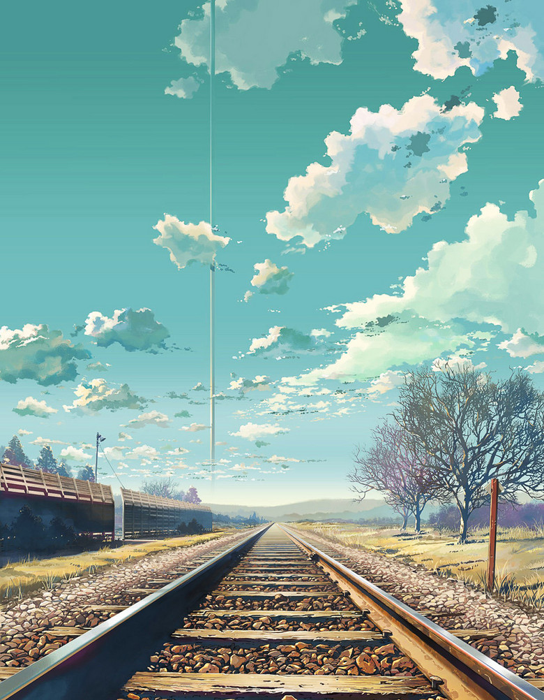 火车铁轨蔚蓝天空手绘动漫卡通儿童房装饰画高