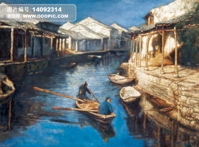 划船江南水乡中中国客厅室内装饰风景油画图片