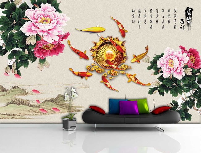 富贵吉祥牡丹九鱼图山水画电视背景墙