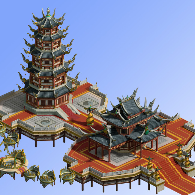 中国古代城池主殿宝塔3d模型建筑模板下载(图