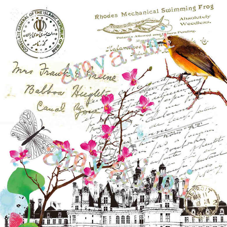 桃花花鸟古建筑英文背景蝴蝶无框画模板下载(