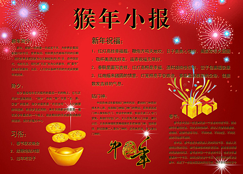猴年电子手抄报新年寄语小报