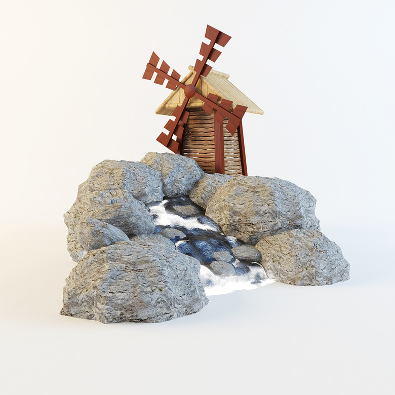 3D模型风车石头瀑布流水园林景观模板下载(图