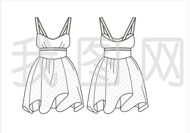 女装性感沙滩温泉连衣裙cdr款式图线稿模板下