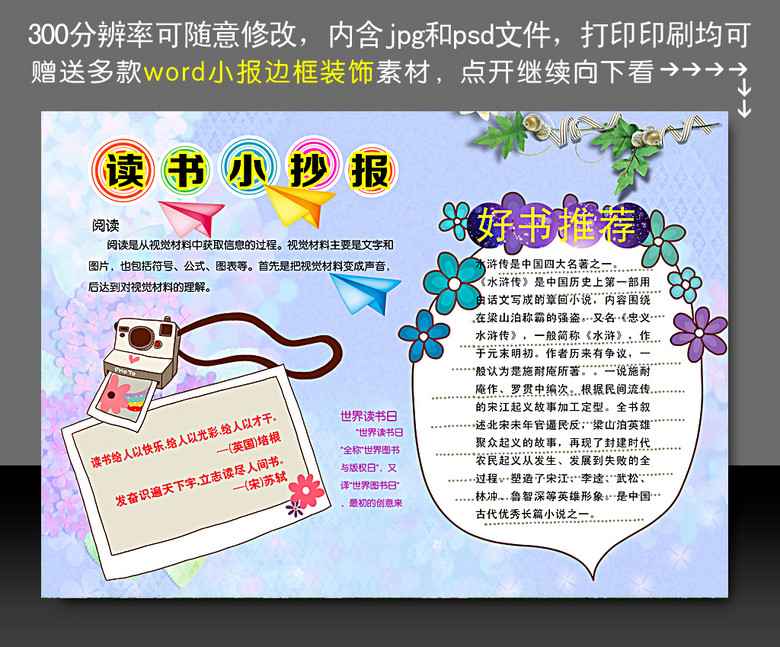 小学生读物阅读小报读书心得手抄报模板下载(