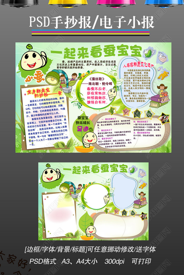 psd小报养蚕小报蚕文化蚕宝宝手抄报图片下载
