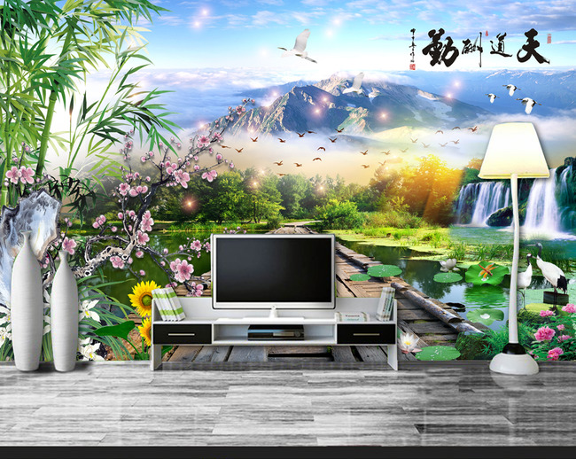 天道酬勤3d立体山水风景画背景墙