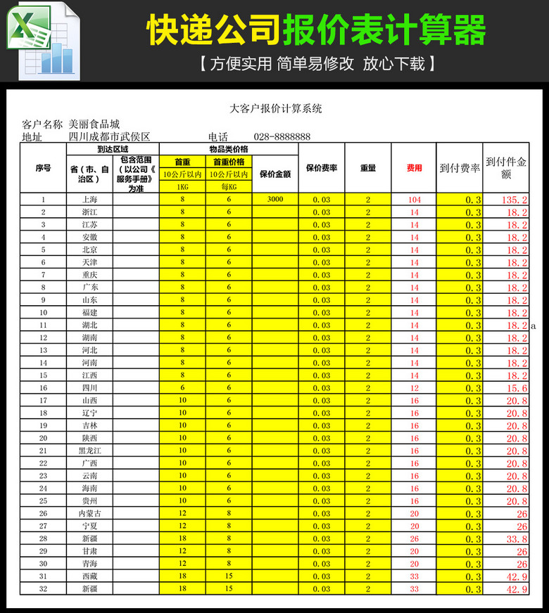 快递公司报价表计算器模板模板下载(图片编号