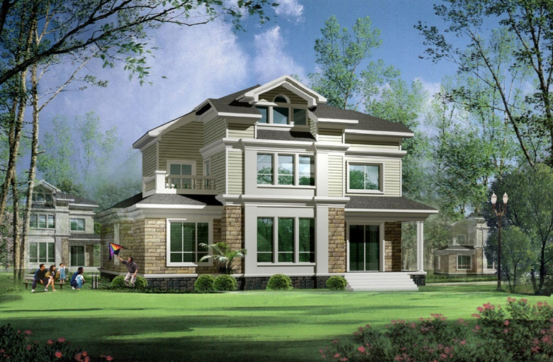 三层美式豪华别墅高档自建房cad图模板下载(图