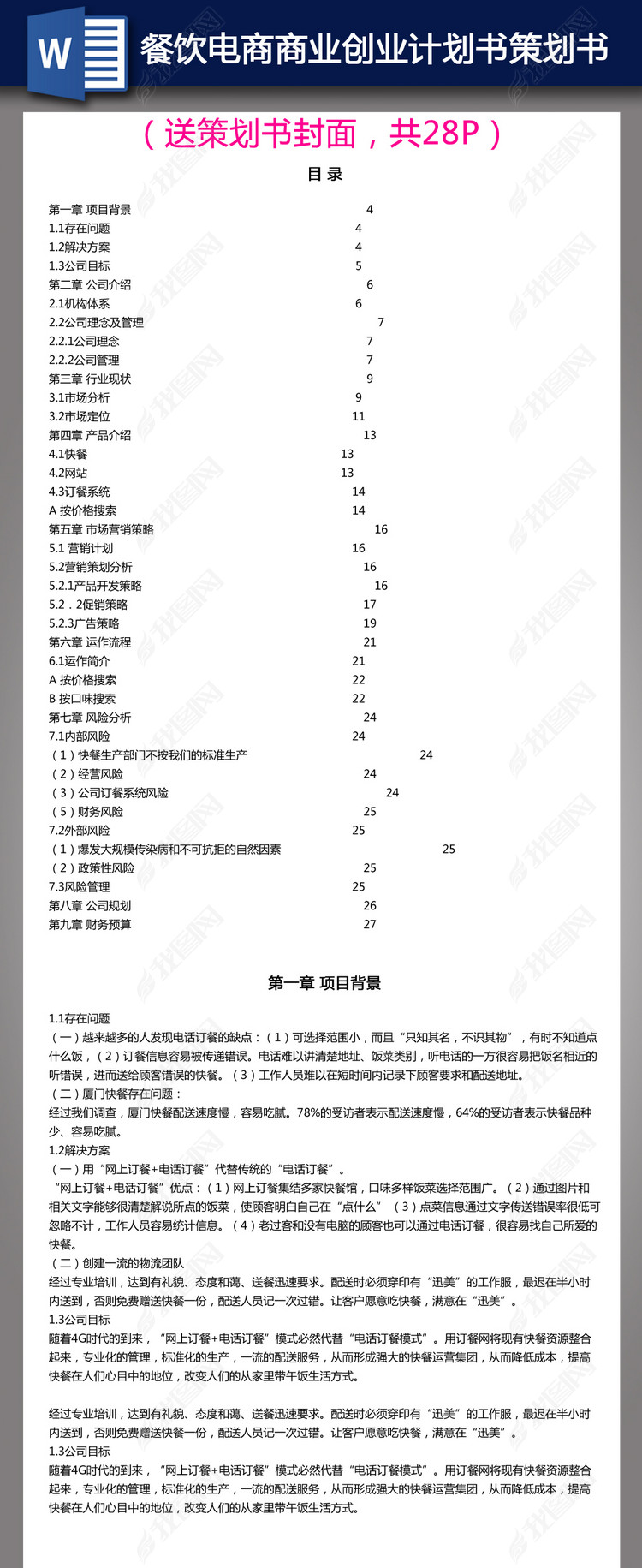 A4餐饮电商互联网商业创业计划书word
