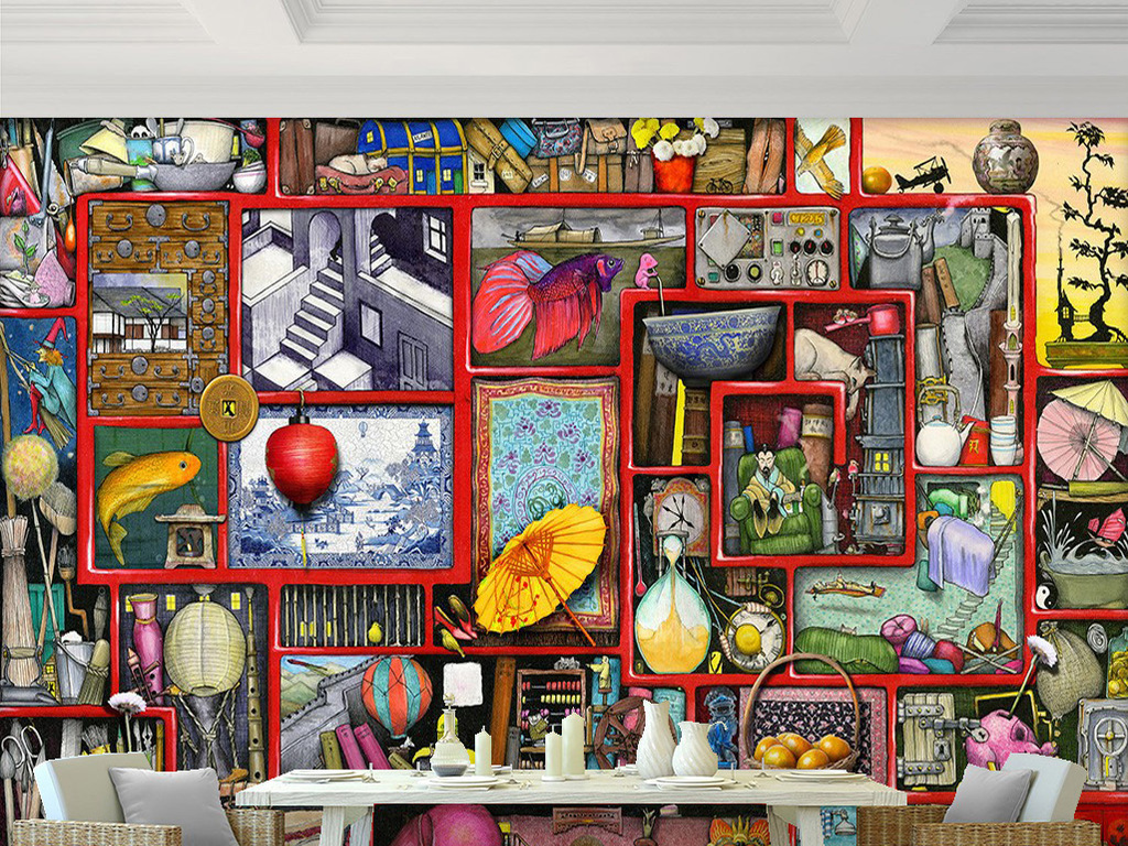 红色木头格子五彩水果小伞玩具屋儿童油画