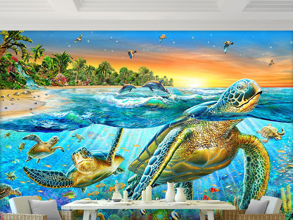 蓝色海底世界五彩鱼群大海龟小岛风景油画