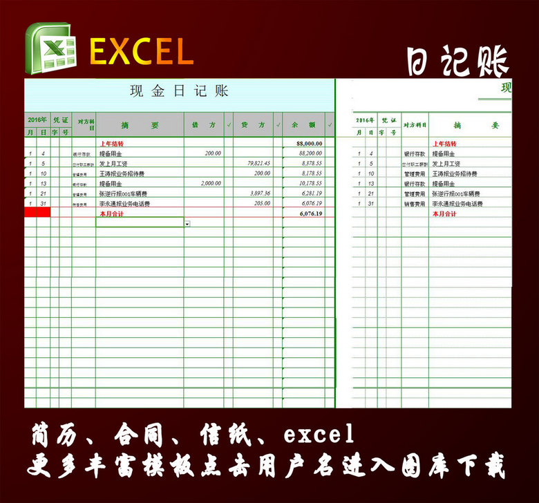 公司企业现金日记账明细表格excel模板模板下
